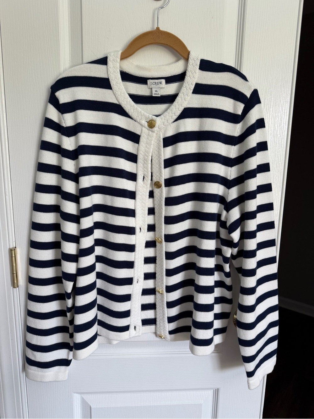 J. Crew Navy and White Striped Gold Button-Front Cardigan, Like New